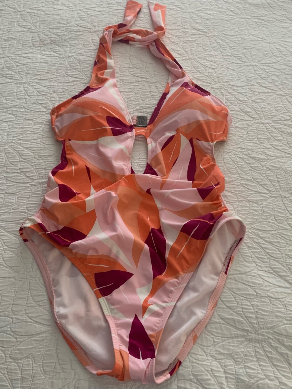 Kenneth Cole NWOT Small Tropical Print Halter One-Piece Swimsuit in Pink/Orange.